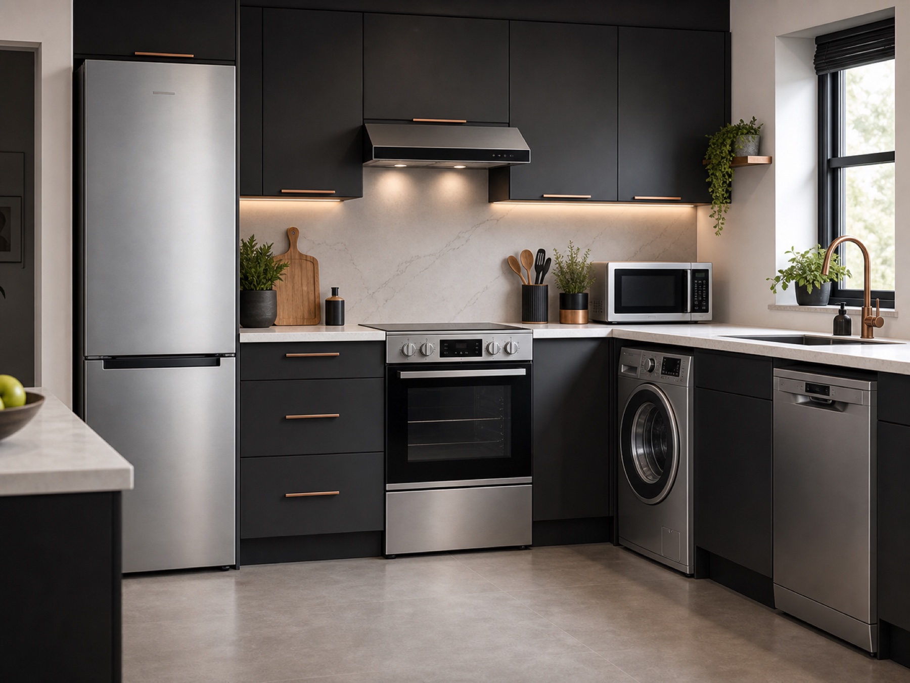 Bright kitchen with stainless steel appliances